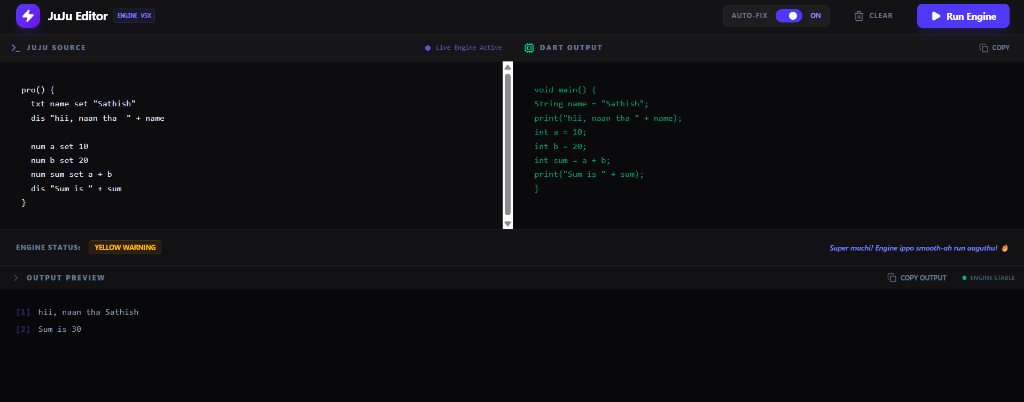 JuJu Editor Engine V5X - Sathish Kumar's Custom Transpiler